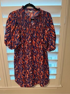 Smocked Yoke dress in Blue & Orange Abstract Print